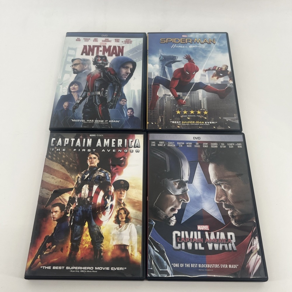 4--MARVEL SUPER HERO MOVIE DVDS--THOR--ANTMAN--CAPTAIN AMERICA--SPIDER-MAN